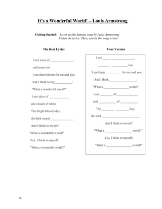 I Only Ask Of God – Outlandish
I only ask of God
He won't let me be indifferent
to the ______________ing
That the very dried up death
doesn't find me
Empty and without having
given my ______________thing
I only ask of God
He won't let me be indifferent
to the _________________
It is a big monster which treads hard
On the poor innocence of people
It is a big monster which treads hard
On the poor innocence of people
People...people, people
I only ask of God
He won't let me be indifferent
to the _____________________
That they do not slap my other cheek
After a claw has scratched
my whole _________________
I only ask of God
He won't let me be indifferent
to the wars
It is a big monster which treads hard
On the poor innocence of people
It is a big monster which treads hard
On the poor innocence of people
People...people...people
Solo le pido a Dios
Que la guerra no me sea indiferente
Es un monstro grande y pisa fuerte
Toda la pobre inocencia de la gente
Es un monstro grande y pisa fuerte
Toda la pobre inocencia de la gente
People...people...people
I only ask of God
He won't let me be indifferent
to the suffering
That the very dried up death
doesn't find me
Empty and without having
given my everything
I only ask of God
He won't let me be indifferent
to the wars
It is a big monster which treads hard
On the poor innocence of people
It is a big monster which treads hard
On the poor innocence of people
People...people, people
I only ask of God
He won't let me be indifferent
to the injustice
That they do not slap my other cheek
After a claw has scratched
my whole body
I only ask of God
He won't let me be indifferent
to the wars
It is a big monster which treads hard
On the poor innocence of people
It is a big monster which treads hard
On the poor innocence of people
People...people...people
Solo le pido a Dios
Que la guerra no me sea indiferente
Es un monstro grande y pisa fuerte
Toda la pobre inocencia de la gente
Es un monstro grande y pisa fuerte
Toda la pobre inocencia de la gente
People...people...people
48
 