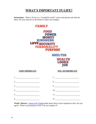 It’s a Wonderful World! – Louis Armstrong
Getting Started: Listen to this famous song by Louis Armstrong.
Finish the lyrics. Then, you be the song writer!
The Real Lyrics Your Version
I see trees of ______________,
red roses too
I see them bloom for me and you
And I think to my___________:
"What a wonderful world!"
I see skies of _____________
and clouds of white
The bright blessed day,
the dark sacred ______________
And I think to myself:
"What a wonderful world!"
Yes, I think to myself:
"What a wonderful world!"
I see _____ ______________,
_______ __________ too
I see them __________ for me and you
And I think _________________:
"What a ________________world!"
I see ________ of _____________
and ___________ of ___________
The ________ ________ day,
the dark _________ ______________
And I think to myself:
"What a _________________ world!"
Yes, I think to myself:
"What a ________________ world!"
49
 