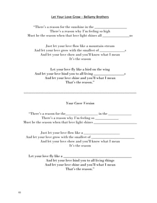 "Lemon Tree" – Fools Garden
I'm sitting here in the boring room
It's just another rainy Sunday _______________
I'm wasting my time
I got nothing to do
I'm hanging around
I'm _____________ing for you
But nothing ever happens and I wonder
I'm driving around in my car
I'm driving too _____________
I'm driving too far
I'd like to change my point of view
I feel so lonely
I'm waiting for you
But _________________ ever happens and I wonder
(Chorus) I wonder how
I wonder why
Yesterday you told me 'bout the blue blue _____________
And all that I can see is just a yellow lemon-tree
I'm turning my head up and down
I'm turning turning turning turning turning around
And all that I can see is just another lemon-tree
Sing, dah...
I'm sitting here
I miss the power
I'd like to go out taking a ________________
But there's a heavy cloud inside my head
I feel so tired
Put myself into ______________
While nothing ever happens and I wonder
Isolation is not good for me
Isolation I don't want to sit on the lemon-tree
I'm steppin' around in the ________ of joy
Baby anyhow I'll get another toy
And everything will happen and you wonder
Chorus
Desert Afternoon Shower Bed
Fast Nothing Sky Wait
62
 