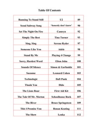 Table Of Contents
Running To Stand Still U2 89
Seoul Subway Song “honestly don’t know’ 90
Set The Night On Fire Camryn 92
Simply The Best Tina Turner 93
Sing, Sing Serena Ryder 97
Someone Like You Adele 98
Stand By Me Playing 4 Change 99
Sorry, Hardest Word Elton John 100
Sounds Of Silence Simon & Garfunkle 101
Suzanne Leonard Cohen 103
Technologic Daft Punk 104
Thank You Dido 105
The Lions Roar First Aid Kit 106
The Tale Of Mr. Morton Schoolhouse Rock 107
The River Bruce Springsteen 109
This I Promise You Ronan Keating 111
The Show Lenka 112
 