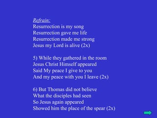 Refrain:
Resurrection is my song
Resurrection gave me life
Resurrection made me strong
Jesus my Lord is alive (2x)

5) While they gathered in the room
Jesus Christ Himself appeared
Said My peace I give to you
And my peace with you I leave (2x)

6) But Thomas did not believe
What the disciples had seen
So Jesus again appeared
Showed him the place of the spear (2x)
 