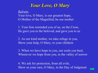 Your Love, O Mary
Refrain:
Your love, O Mary, is our greatest hope,
O Mother of the Magnified, be our mother

1. Your Son reminded you of us, on the Cross,
He gave you to the beloved, and gave you to us

2. As our kind mother, we take refuge in you,
Show your help, O Mary, to your children

3. When we have hope in you, our souls you heal,
Whenever we hope from you, in the valley of sorrow

4. We ask for protection, from all evils,
Show us your care, O Mary, in the Day of Judgment
 