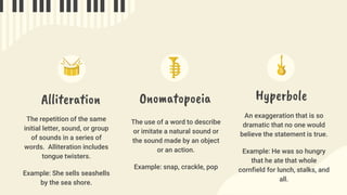 Alliteration
The repetition of the same
initial letter, sound, or group
of sounds in a series of
words. Alliteration includes
tongue twisters.
Example: She sells seashells
by the sea shore.
Hyperbole
The use of a word to describe
or imitate a natural sound or
the sound made by an object
or an action.
Example: snap, crackle, pop
An exaggeration that is so
dramatic that no one would
believe the statement is true.
Example: He was so hungry
that he ate that whole
cornfield for lunch, stalks, and
all.
Onomatopoeia
 