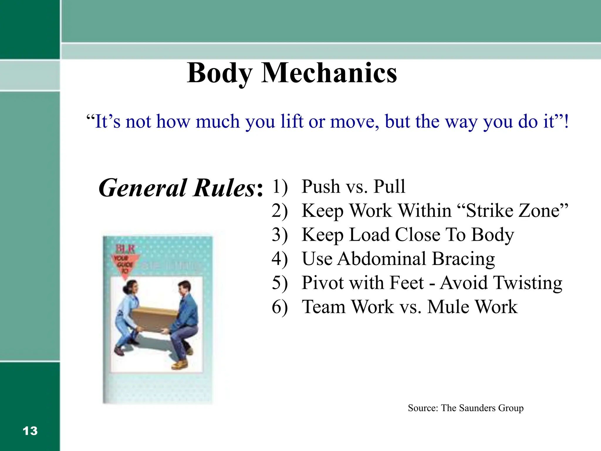 13
“It’s not how much you lift or move, but the way you do it”!
1) Push vs. Pull
2) Keep Work Within “Strike Zone”
3) Keep Load Close To Body
4) Use Abdominal Bracing
5) Pivot with Feet - Avoid Twisting
6) Team Work vs. Mule Work
Body Mechanics
General Rules:
Source: The Saunders Group
 