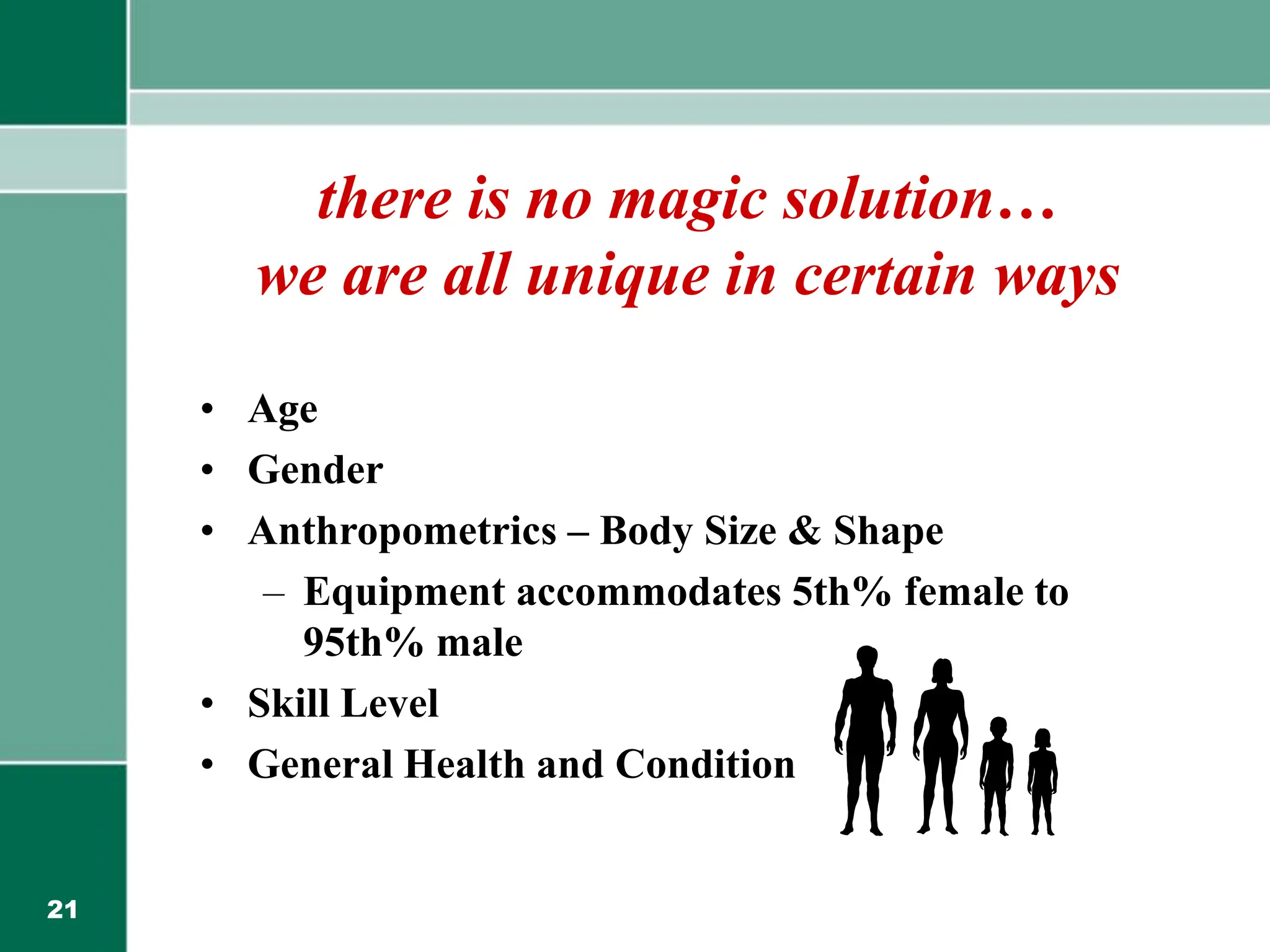 21
there is no magic solution…
we are all unique in certain ways
• Age
• Gender
• Anthropometrics – Body Size & Shape
– Equipment accommodates 5th% female to
95th% male
• Skill Level
• General Health and Condition
 