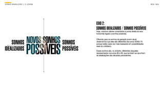 SON H O B R A SILE IRO // O JOV E M                                                                                 B O X 1 8 24




                                                  EIXO 2:
                                                  SONHOS IDEALIZADOS / SONHOS POSSÍVEIS
                                                  Hoje, vivemos valores conectados à ponta direita do eixo
                                                  horizontal, ligado a sonhos possíveis.

                                                  Olhando para os sonhos da geração jovem atual,

    SONHOS                            SONHOS      observamos que eles são diferentes dos anos 50/60/ 70
                                                  porque estão cada vez mais baseados em possibilidades
                                                  reais do cotidiano.
IDEALIZADOS                           POSSÍVEIS   Esses sonhos são, no entanto, diferentes daqueles
                                                  representados nos anos 80 e 90, que também se opunham
                                                  às idealizações das décadas precedentes.  


                                                                                                             2010
 