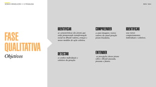 SON H O B R A SILE IRO // A PE SQU I SA                                                                                              B O X 1 8 24




                                          IDENTIFICAR                            COMPREENDER                    IDENTIFICAR
                                          as características dos jovens que      a auto-imagem e novos          seus novos


FASE                                      estão promovendo transformação
                                          social no Brasil: valores, crenças e
                                          novos modelos de ação coletiva.
                                                                                 valores da atual geração
                                                                                 jovem brasileira.
                                                                                                                comportamentos
                                                                                                                individuais e coletivos.




QUALITATIVA                               DETECTAR                               ENTENDER
Objetivos                                 os sonhos individuais e
                                                                                  as percepções desses jovens
                                                                                 sobre o Brasil: passado,
                                          coletivos da geração.                  presente e futuro.
 