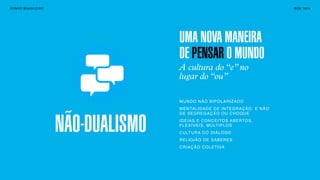 SON H O B R A SILE IRO                                                                      B O X 1 8 24




                                        UMA NOVA MANEIRA
                                        DE PENSAR O MUNDO
                                        A cultura do “e” no
                                        lugar do “ou”

                                        M U ND O N ÃO B I PO L A RI Z AD O
                                        M E NTA L I DA D E D E I N T E G RA ÇÃ O , E N ÃO




                         NÃO-DUALISMO
                                        DE SEGREGAÇÃO OU CHOQUE



                         NÃO-DUALISMO   IDEIAS E CONCEITOS ABERTOS,
                                        FLEXÍVEIS, MÚLTIPLOS
                                        C U LT U R A D O D I Á L O G O
                                        RELIGIÃO DE SABERES
                                        C R I A Ç Ã O C O L E T I VA
 