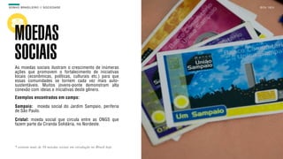 SON H O B R A SILE IRO // SOC IE DAD E                                 B O X 1 8 24




    MOEDAS
    SOCIAIS
    As moedas sociais ilustram o crescimento de inúmeras
    ações que promovem o fortalecimento de iniciativas
    locais (econômicas, políticas, culturais etc.) para que
    essas comunidades se tornem cada vez mais auto-
    sustentáveis. Muitos jovens-ponte demonstram alta
    conexão com ideias e iniciativas deste gênero.
    Exemplos encontrados em campo:

    Sampaio: moeda social do Jardim Sampaio, periferia
    de São Paulo.

    Cristal: moeda social que circula entre as ONGS que
    fazem parte da Ciranda Solidária, no Nordeste.




    * existem mais de 50 moedas sociais em circulação no Brasil hoje
 