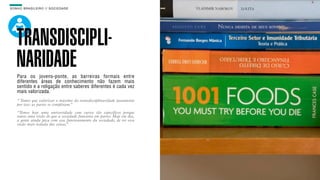 SON H O B R A SILE IRO // SOC IE DAD E                                    B O X 1 8 24




    TRANSDISCIPLI-
    NARIDADE
    Para os jovens-ponte, as barreiras formais entre
    diferentes áreas de conhecimento não fazem mais
    sentido e a religação entre saberes diferentes é cada vez
    mais valorizada.
    “ Temos que valorizar o máximo da transdisciplinaridade justamente
    por isso: as partes se completam.”

    “Temos hoje uma universidade com cursos tão específicos porque
    temos uma visão de que a sociedade funciona em partes. Hoje em dia,
    a gente ainda peca com esse funcionamento da sociedade, de ter essa
    visão mais isolada das coisas.”
 