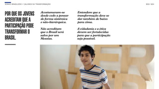 SON H O B R A SILE IRO // VAL ORE S DA TRANSF ORMAÇÃO                                    B O X 1 8 24




                                         Acostumaram-se        Entendem que a
POR QUE OS JOVENS                        desde cedo a pensar   transformação deve se
ACREDITAM QUE A                          de forma sistêmica
                                         e não-hierárquica.
                                                               dar também de baixo
                                                               para cima.
PARTICIPAÇÃO PODE                        Não acreditam         A cidadania e a ética
TRANSFORMAR O                            que o Brasil será
                                         salvo por um
                                                               devem ser fortalecidas
                                                               para que a participação
BRASIL.                                  Messias.              seja possível.
 