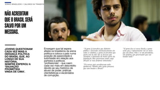 SON H O B R A SILE IRO // VAL ORE S DA TRANSF ORMAÇÃO                                                                                                  B O X 1 8 24




NÃO ACREDITAM
QUE O BRASIL SERÁ
SALVO POR UM
MESSIAS.

JOVENS QUESTIONAM                            Enxergam que tal espera          “A gente já percebeu que dinheiro           “A gente ﬁca só nessa ilusão, a gente
CADA VEZ MAIS A                              afasta os brasileiros da arena   público é desviado sistematicamente em      acha que o representante vai ser meio
                                                                              todos os âmbitos, a gente já percebeu que   que um Deus. Não é só um presidente,
HERANÇA POLÍTICA                             política e coloca o país numa    quem está lá não são as pessoas que         um prefeito, um governador que vai
DO BRASIL QUE, AO                            posição de passividade e         atendem a demanda da maior parte da         mudar tudo. ”
LONGO DE SUA                                 submissão em relação aos         população. Eles governam tendo como
HISTÓRIA,                                    partidos e políticos             direção as suas próprias demandas.”
SEMPRE ESPEROU A                             ‘profissionais’ - que caem       “Os nossos pais acreditavam neles
‘SALVAÇÃO                                    cada vez mais em descrédito      [políticos]. Minha mãe então pensava
PROMETIDA                                    devido ao seu histórico de       que iam mudar o Brasil. ”
                                             abuso de poder, práticas
VINDA DE CIMA’.                              clientelísticas e escândalos
                                             de corrupção.
 