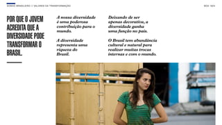 SON H O B R A SILE IRO // VAL ORE S DA TRANSF ORMAÇÃO                                    B O X 1 8 24




                                         A nossa diversidade   Deixando de ser
POR QUE O JOVEM                          é uma poderosa        apenas decorativa, a
ACREDITA QUE A                           contribuição para o
                                         mundo.
                                                               diversidade ganha
                                                               uma função no país.
DIVERSIDADE PODE                         A diversidade         O Brasil tem abundância
TRANSFORMAR O                            representa uma
                                         riqueza do
                                                               cultural e natural para
                                                               realizar muitas trocas
BRASIL.                                  Brasil.               internas e com o mundo.
 