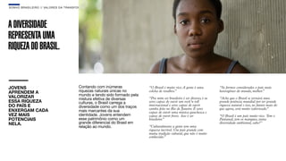 SON H O B R A SILE IRO // VAL ORE S DA TRANSF ORMAÇÃO                                                                                                      B O X 1 8 24




A DIVERSIDADE
REPRESENTA UMA
RIQUEZA DO BRASIL.


JOVENS                                       Contando com inúmeras             “O Brasil é muito rico. A gente é uma         “Se formos considerados o país mais
APRENDEM A                                   riquezas naturais únicas no       colcha de retalhos.
                                                                                                 ”                           heterogêneo do mundo, melhor.”
                                             mundo e tendo sido formado pela
VALORIZAR                                    mistura efetiva de diversas       “Pra mim ser brasileiro é ser diverso, é tu   “Acho que o Brasil se tornará uma
ESSA RIQUEZA                                 culturas, o Brasil carrega a      seres capaz de ouvir um rock’n roll           grande potência mundial por ter grande
DO PAÍS E                                    diversidade como um dos traços    internacional e seres capaz de ouvir          riqueza natural e isso, no futuro mais do
                                                                               samba feito no Rio de Janeiro. É seres        que agora, será muito valorizado. ”
ENXERGAM CADA                                mais marcantes da sua             capaz de ouvir uma música gauchesca e
VEZ MAIS                                     identidade. Jovens entendem       capaz de ouvir frevo. Isso é ser              “O Brasil é um país muito rico. Tem o
POTENCIAIS                                   esse patrimônio como um           brasileiro.
                                                                                         ”                                   Pantanal, tem os mangues, tanta
NELA.                                        grande diferencial do Brasil em                                                 diversidade ambiental, sabe?”
                                             relação ao mundo.                 “Culturalmente a gente tem uma
                                                                               riqueza incrível. Um país grande com
                                                                               muita tradição cultural, que não é muito
                                                                               conhecida.”
 