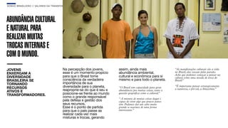 SON H O B R A SILE IRO // VAL ORE S DA TRANSF ORMAÇÃO                                                                                            B O X 1 8 24




ABUNDÂNCIA CULTURAL
E NATURAL PARA
REALIZAR MUITAS
TROCAS INTERNAS E
COM O MUNDO.
JOVENS                                       Na percepção dos jovens,       assim, ainda mais                       “As manifestações culturais são a vida
ENXERGAM A                                   esse é um momento propício     abundância ambiental,                   no Brasil, elas vazam pelas paredes.
                                                                                                                    Acho que podemos começar a pensar na
DIVERSIDADE                                  para que o Brasil tome         cultural e econômica para si            cultura como uma moeda de troca do
BRASILEIRA SE                                consciência da verdadeira      mesmo e para todo o planeta.            Brasil.
                                                                                                                          ”
TORNANDO                                     importância de sua
RECURSOS                                     diversidade para o planeta,    “O Brasil tem capacidade para gerar     “É importante pensar estrategicamente
ATIVOS E                                     reaproprie-se do que é seu e   abundância pra muitas coisas, tanto a   a natureza, o pré-sal, a Amazônia.
                                                                                                                                                     ”

TRANSFORMADORES.                             posicione-se frente ao mundo   questão geográﬁca como a cultural.”
                                             como o grande responsável      “ A mistura de muitas coisas daqui é
                                             pela defesa e gestão dos       capaz de virar algo que poucos países
                                             seus recursos.                 têm. Podemos dar um salto muito
                                             Esse é o ponto de partida      grande se usarmos de uma forma
                                             para que o país passe as       interessante.”
                                             realizar cada vez mais
                                             misturas e trocas, gerando
 