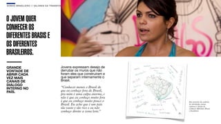 SON H O B R A SILE IRO // VAL ORE S DA TRANSF ORMAÇÃO                                           B O X 1 8 24




O JOVEM QUER
CONHECER OS
DIFERENTES BRASIS E
OS DIFERENTES
BRASILEIROS.
GRANDE                                       Jovens expressam desejo de
VONTADE DE                                   derrubar os muros que não
ABRIR CADA                                   foram eles que construíram e
VEZ MAIS                                     que separam internamente o
CANAIS DE                                    Brasil.
DIÁLOGO
INTERNO NO                                   “Conhecer menos o Brasil do
PAÍS.                                        que eu conheço fora do Brasil,
                                             pra mim é uma culpa enorme, e
                                             não é que eu conheço muito fora
                                             é que eu conheço muito pouco o    Em exercício do caderno
                                             Brasil. Eu acho que é um país     de atividades, jovem
                                                                               expressa o desejo de
                                             tão vasto e tão rico e eu não     conhecer diferentes Brasis
                                             conheço direito a zona leste.”    e brasileiros
 