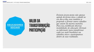 SON H O B R A SILE IRO // ATITU DE S TRAN SF ORMAD ORAS                                                   B O X 1 8 24




                                                                      Existem jovens-ponte não apenas
                                                                      agindo de forma ética e cidadã no
                                                                      seu dia-a-dia, mas também se
                                                     VALOR DA         propondo a formar outros cidadãos
                                                                      que atuem da mesma maneira.
                                                     TRANSFORMAÇÃO:   Para isso, mobilizam diversas
                                                                      modalidades de educação (formais
                                                     PARTICIPAÇÃO     ou informais) para transformar
                                                                      cada vez mais brasileiros em
                                                                      cidadãos éticos e participativos
                                                                      dentro de suas realidades.
 