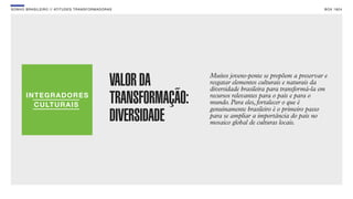 SON H O B R A SILE IRO // ATITU DE S TRAN SF ORMAD ORAS                                                         B O X 1 8 24




                                                     VALOR DA         Muitos jovens-ponte se propõem a preservar e
                                                                      resgatar elementos culturais e naturais da
                                                                      diversidade brasileira para transformá-la em
                                                     TRANSFORMAÇÃO:   recursos relevantes para o país e para o
                                                                      mundo. Para eles, fortalecer o que é
                                                                      genuinamente brasileiro é o primeiro passo
                                                     DIVERSIDADE      para se ampliar a importância do país no
                                                                      mosaico global de culturas locais.
 