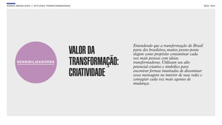 SON H O B R A SILE IRO // ATITU DE S TRAN SF ORMAD ORAS                                                             B O X 1 8 24




                                                                      Entendendo que a transformação do Brasil
                                                     VALOR DA         parte dos brasileiros, muitos jovens-ponte
                                                                      elegem como propósito contaminar cada
                                                                      vez mais pessoas com ideias
                                                     TRANSFORMAÇÃO:   transformadoras. Utilizam seu alto
                                                                      potencial criativo e simbólico para
                                                     CRIATIVIDADE     encontrar formas inusitadas de disseminar
                                                                      essas mensagens no interior de suas redes e
                                                                      contagiar cada vez mais agentes de
                                                                      mudança.
 