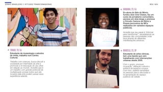 SON H O B R A SILE IRO // ATITU DE S TRAN SF ORMAD ORAS                                 B O X 1 8 24


                                                          DANDARA, 23, RJ
                                                          Ex-aluna do Nós do Morro,
                                                          fundou dois Cine Clubes, faz um
                                                          curso de jornalismo comunitário,
                                                          escreve em dois blogs e promove
                                                          o Circuito Carioca de Ritmo e
                                                          Poesia (encontros de MCs
                                                          realizados em variados espaços
                                                          públicos).

                                                          Acredita que seu papel é “informar
                                                          para transformar”, sensibilizando as
                                                          pessoas das comunidades onde
                                                          atua através de diferentes
                                                          manifestações artísticas.



     THIAGO, 20, RJ                                       MARCELO, 23, SP
     Estudante de museologia e estudos                    Estudante de artes cênicas,
     de mídia, trabalha num Centro                        tem uma banda que vem
     Cultural.                                            trabalhando com intervenções
                                                          urbanas desde 2005.
      Trabalha com crianças, busca discutir a
      sociedade por intermédio da arte e                  Com o grupo, promove
      promover a re-educação do seu olhar                 ocupação, utilização cultural e
      em relação ao mundo. Acredita que é                 artística de espaços ociosos.
      um trabalho com grande potencial de                 Com isso, objetiva sensibilizar
      multiplicação porque todos que são                  as pessoas para a discussão e
      tocados pela arte podem passar essa                 re-apropriação do espaço
      experiência adiante.                                públicos da cidade.
 