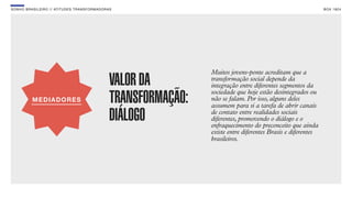SON H O B R A SILE IRO // ATITU DE S TRAN SF ORMAD ORAS                                                             B O X 1 8 24




                                                                      Muitos jovens-ponte acreditam que a
                                                     VALOR DA         transformação social depende da
                                                                      integração entre diferentes segmentos da
                                                                      sociedade que hoje estão desintegrados ou
                                                     TRANSFORMAÇÃO:   não se falam. Por isso, alguns deles
                                                                      assumem para si a tarefa de abrir canais
                                                     DIÁLOGO          de contato entre realidades sociais
                                                                      diferentes, promovendo o diálogo e o
                                                                      enfraquecimento do preconceito que ainda
                                                                      existe entre diferentes Brasis e diferentes
                                                                      brasileiros.
 