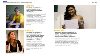 SON H O B R A SILE IRO // ATITU DE S TRAN SF ORMAD ORAS                                                                          B O X 1 8 24


                                             JOSIAS, 22, RE
                                             Estudante de radialismo e
                                             músico, trabalha numa
                                             rádio comunitária chamada
                                             Alto Falante.
                                             Acredita que seu trabalho na rádio é
                                             uma intermediação entre a
                                             comunidade, o resto da sociedade e
                                             o poder público. Isso porque é
                                             aberta a qualquer um que queira se
                                             expressar e leva a cultura da
                                             periferia para fora da comunidade,
                                             assim como suas reivindicações
                                             políticas.




                                             SÍLVIA, 20, SP                         SYLVIA, 22, RECIFE
                                             Estudante de jornalismo e              Estudante de Medicina, participa de
                                             psicologia, ajudou fundar a            grupos voluntários na faculdade e dá
                                             ONG Incentivarte, que nasceu           reforço escolar para crianças e
                                             de um projeto independente             adolescentes no bairro onde mora.
                                             idealizado por um grupo de
                                             amigos de 16 a 17 anos.                Atuando no sistema público de saúde, busca
                                                                                    conectar populações carentes a um sistema
                                             Na ONG, conecta realidades             de saúde de qualidade, mais humano e
                                             sociais diferentes através da          educativo. Acredita que sua missão não é
                                             cultura ao levar alunos de escolas     apenas tratar de pessoas, mas também da
                                             públicas da periferia até atividades   comunidade como um todo.
                                             culturais oferecidas apenas nos
                                             bairros mais centrais de São
                                             Paulo.
 