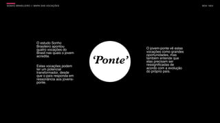 SON H O B R A SILE IRO // MAPA DAS VOCAÇÕES                                           B O X 1 8 24




                        O estudo Sonho
                        Brasileiro apontou
                        quatro vocações do                   O jovem-ponte vê estas
                        Brasil nas quais o jovem             vocações como grandes
                        acredita.                            oportunidades, mas


                        Estas vocações podem
                                                   ‘Ponte’   também entende que
                                                             elas precisam ser
                                                             ressigniﬁcadas de
                        ter um potencial                     acordo com a evolução
                        transformador, desde                 do próprio país.
                        que o país responda em
                        ressonância aos jovens-
                        ponte.
 