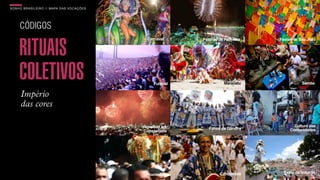 SON H O B R A SILE IRO // MAPA DAS VOCAÇÕES                                                 B O X 1 8 24




     CÓDIGOS
                                                Carnaval     Festival de Parintins   Festas de São João


     RITUAIS
     COLETIVOS                                     Futebol              Maracatu                 Samba


      Império
      das cores

                                              Reveillon em                                  Cultura das
                                                                Filhos de Gandhy          Comunidades
                                              Copacabana




                                                                      Candomblé        Festa de Iemanjá
                                               Procissões
 