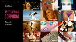 SON H O B R A SILE IRO // MAPA DAS VOCAÇÕES                                                     B O X 1 8 24




     CÓDIGOS
                                                    Beleza natural   Garota de Ipanema   Cirurgias plásticas



     ‘INTELIGÊNCIA’
     CORPORAL                                 Linguagem do corpo      Gisele Bundchen         Brazilian Wax


      Império
      das cores

                                                           Ginga           Cosméticos           Academias




                                              Alimentação saudável         Bossa nova                Samba
 