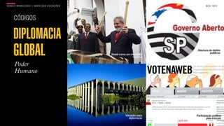 SON H O B R A SILE IRO // MAPA DAS VOCAÇÕES                                     B O X 1 8 24




     CÓDIGOS

     DIPLOMACIA
     GLOBAL                                   Brasil como um mediador
                                                              mundial
                                                                         Abertura de dados
                                                                                   públicos



      Poder
      Humano




                                                        Vocação para    Participação política
                                                          diplomacia            pela internet
 