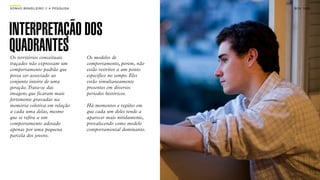 SON H O B R A SILE IRO // A PE SQU I SA                                B O X 1 8 24




INTERPRETAÇÃO DOS
QUADRANTES
Os territórios conceituais                Os modelos de
traçados não expressam um                 comportamento, porém, não
comportamento padrão que                  estão restritos a um ponto
possa ser associado ao                    específico no tempo. Eles
conjunto inteiro de uma                   estão simultaneamente
geração. Trata-se das                     presentes em diversos
imagens que ficaram mais                  períodos históricos.
fortemente gravadas na
memória coletiva em relação               Há momentos e regiões em
a cada uma delas, mesmo                   que cada um deles tende a
que se refira a um                        aparecer mais nitidamente,
comportamento adotado                     prevalecendo como modelo
apenas por uma pequena                    comportamental dominante.
parcela dos jovens.
 