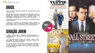 SON H O B R A SILE IRO // O JOV E M                                                    B O X 1 8 24




      BRASIL
      / Os movimentos estudantis perdem seu protagonismo na vida
      política do país.
      / No âmbito econômico, o país passa por sucessivas crises, a
      inﬂação bate recordes históricos, os brasileiros têm suas
      poupanças conﬁscadas durante o governo Collor e a
      estabilidade só chega a partir de 1994, com o Plano Real.
      / É declarada a anistia, o ﬁm da censura e os exilados políticos
      retornam ao país.
      / Início do processo de redemocratização: Diretas Já
      (1983-1984), nova Constituinte (1988) e Impeachment do
      Collor (1992) tornam-se os grandes ícones desse processo.
                                                                         1980
                                                                                1990
      GERAÇÃO JOVEM
      / Ganha muita força a inﬂuência norte-americana e a
      ideologia ‘Yuppie’ - notadamente individualista, imediatista e
      competitiva.
      / As representações jovens do período estão muito
      associadas ao êxito proﬁssional, consumo, sonhos de
      sucesso e enriquecimento rápidos.
      / Os jovens buscam novas formas de expressão e dividem-
      se em inúmeros novos grupos urbanos (não mais
      necessariamente conectados com ideias político-partidárias
      ou revolucionárias).
 