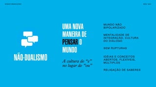 SONHO BRASILEIRO BOX 1824
NÃO-DUALISMO
SONHO BRASILEIRO BOX 1824
A cultura do “e”
no lugar do “ou”
UMA NOVA
MANEIRA DE
PENSAR O
MUNDO
MUNDO NÃO
BIPOLARIZADO
MENTALIDADE DE
INTEGRAÇÃO, CULTURA
DO DIÁLOGO
SEM RUPTURAS
IDÉIAS E CONCEITOS
ABERTOS, FLEXÍVEIS,
MÚLTIPLOS
RELIGAÇÃO DE SABERES
NÃO-DUALISMO
 