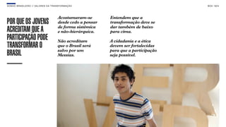 SONHO BRASILEIRO // VALORES DA TRANSFORMAÇÃO BOX 1824
PORQUEOSJOVENS
ACREDITAMQUEA
PARTICIPAÇÃOPODE
TRANSFORMARO
BRASIL
Acostumaram-se
desde cedo a pensar
de forma sistêmica
e não-hierárquica.
Não acreditam
que o Brasil será
salvo por um
Messias.
A cidadania e a ética
devem ser fortalecidas
para que a participação
seja possível.
Entendem que a
transformação deve se
dar também de baixo
para cima.
 