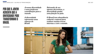 SONHO BRASILEIRO // VALORES DA TRANSFORMAÇÃO BOX 1824
PORQUEOJOVEM
ACREDITAQUEA
DIVERSIDADEPODE
TRANSFORMARO
BRASIL
A nossa diversidade
é uma poderosa
contribuição para o
mundo.
A diversidade
representa uma
riqueza do
Brasil.
Deixando de ser
apenas decorativa, a
diversidade ganha
uma função no país.
O Brasil tem abundância
cultural e natural para
realizar muitas trocas
internas e com o mundo.
 