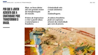 SONHO BRASILEIRO // VALORES DA TRANSFORMAÇÃO BOX 1824
PORQUEOJOVEM
ACREDITAQUEA
CRIATIVIDADEPODE
TRANSFORMARO
BRASIL
Hoje, as boas ideias
são um grande motor
de transformação
do mundo.
O dom de improvisar
e criar a partir disso
é natural para o
brasileiro.
Criatividade não
é mais sinônimo
de
malandragem.
A cultura brasileira
pode ser expressa
através da criatividade
que vem do jovem.
 