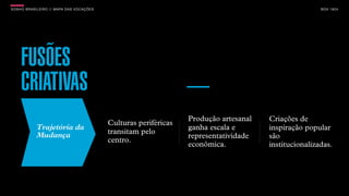 SONHO BRASILEIRO // MAPA DAS VOCAÇÕES BOX 1824
Trajetória da
Mudança
FUSÕES
CRIATIVAS
Culturas periféricas
transitam pelo
centro.
Produção artesanal
ganha escala e
representatividade
econômica.
Criações de
inspiração popular
são
institucionalizadas.
 