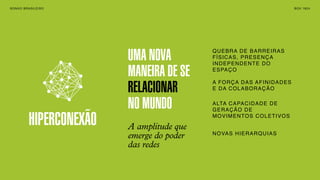 SONHO BRASILEIRO BOX 1824SONHO BRASILEIRO BOX 1824
A amplitude que
emerge do poder
das redes
UMA NOVA
MANEIRA DE SE
RELACIONAR
NO MUNDO
QUEBRA DE BARREIRAS
FÍSICAS, PRESENÇA
INDEPENDENTE DO
ESPAÇO
A FORÇA DAS AFINIDADES
E DA COLABORAÇÃO
ALTA CAPACIDADE DE
GERAÇÃO DE
MOVIMENTOS COLETIVOS
NOVAS HIERARQUIAS
HIPERCONEXÃO
 
