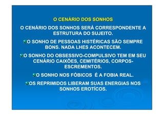 O CENÁRIO DOS SONHOS
O CENÁRIO DOS SONHOS SERÁ CORRESPONDENTE A
           ESTRUTURA DO SUJEITO.
  O SONHO DE PESSOAS HISTÉRICAS SÃO SEMPRE
        BONS. NADA LHES ACONTECEM.
 O SONHO DO OBSESSIVO-COMPULSIVO TEM EM SEU
    CENÁRIO CAIXÕES, CEMITÉRIOS, CORPOS-
               ESCREMENTOS.
     O SONHO NOS FÓBICOS É A FOBIA REAL.
  OS REPRIMIDOS LIBERAM SUAS ENERGIAS NOS
             SONHOS EROTÍCOS.
 