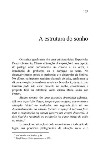 103




                              A estrutura do sonho


       Os sonhos geralmente têm uma estrutura típica: Exposição,
Desenvolvimento, Clímax e Solução. A exposição é uma espécie
de prólogo onde encontramos um cenário e, às vezes, a
introdução do problema ou a narração do tema. No
desenvolvimento temos as peripécias e o desenrolar da história.
No clímax ou impasse, também chamado de crise, geralmente se
dá uma situação de tensão ou mudança. Na solução, ou lysis, que
também pode não estar presente no sonho, encontramos a
proposta final ou catástrofe, como chama Marie-Louise von
Franz34 .
       Muitos sonhos têm uma estrutura dramática clássica.
Há uma exposição (lugar, tempo e personagem) que mostra a
situação inicial do sonhador. Na segunda fase há um
desenvolvimento do enredo (ocorre a ação). A terceira fase
traz a culminação ou clímax (ocorre um evento decisivo). A
fase final é o resultado ou a solução (se é que existe) da ação
no sonho.35
       Exposição ou situação é onde encontramos a indicação de
lugar, dos principais protagonistas, da situação inicial e o

 34
      O Caminho dos Sonhos, p.48.
 35
      Daryl Sharp, Léxico Junguiano, p. 153.
 