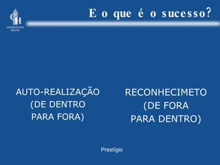 E o que é o sucesso? AUTO-REALIZAÇÃO (DE DENTRO PARA FORA) RECONHECIMETO (DE FORA PARA DENTRO) Prestígio 