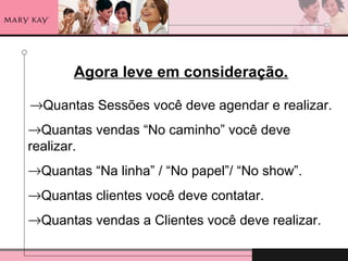 Agora leve em consideração.
→Quantas Sessões você deve agendar e realizar.
→Quantas vendas “No caminho” você deve
realizar.
→Quantas “Na linha” / “No papel”/ “No show”.
→Quantas clientes você deve contatar.
→Quantas vendas a Clientes você deve realizar.
 