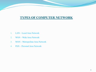 TYPES OF COMPUTER NETWORK
1. LAN – Local Area Network
2. WAN – Wide Area Network
3. MAN – Metropolitan Area Network
4. PAN – Personal Area Network
4
 