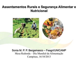 Assentamentos Rurais e Segurança Alimentar e
Nutricional

Sonia M. P. P. Bergamasco – Feagri/UNICAMP
Mesa Redonda – Dia Mundial da Alimentação
Campinas, 16/10/2013

 