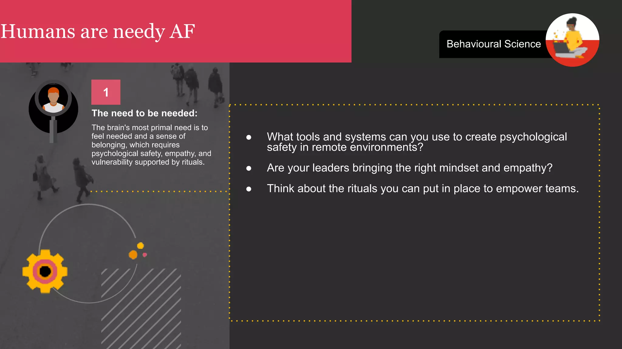 ● What tools and systems can you use to create psychological
safety in remote environments?
● Are your leaders bringing the right mindset and empathy?
● Think about the rituals you can put in place to empower teams.
The need to be needed:
The brain's most primal need is to
feel needed and a sense of
belonging, which requires
psychological safety, empathy, and
vulnerability supported by rituals.
Humans are needy AF
1
Behavioural Science
 