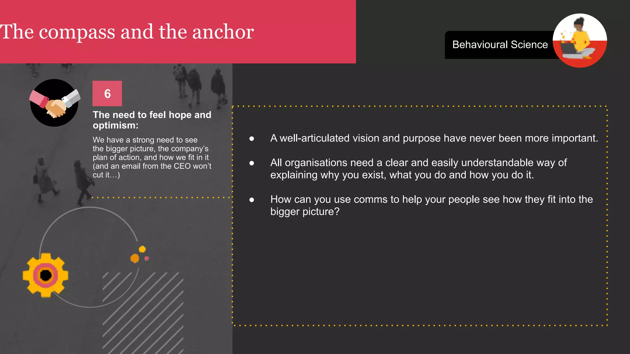 The compass and the anchor Behavioural Science
● A well-articulated vision and purpose have never been more important.
● All organisations need a clear and easily understandable way of
explaining why you exist, what you do and how you do it.
● How can you use comms to help your people see how they fit into the
bigger picture?
The need to feel hope and
optimism:
We have a strong need to see  
the bigger picture, the company’s
plan of action, and how we fit in it
(and an email from the CEO won’t
cut it…)
6
 