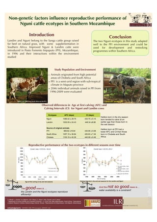 Non-genetic factors inﬂuence reproductive performance of
      Nguni cattle ecotypes in Southern Mozambique

                                                         Introduction                                                                                                                                                                                 Conclusion
Landim and Nguni belong to the Sanga cattle group raised                                                                                                                                                         The two Nguni ecotypes in this study adapted
for beef on natural grass, with some supplementation in                                                                                                                                                          well to the PFI environment and could be
Southern Africa. Improved Nguni & Landim catte were                                                                                                                                                              used for development and restocking
introduced in Posto Fomento Impaputo (PFI), Mozambique,                                                                                                                                                          programmes within Southern Africa.
in 1996 and their interactions within the environment
studied



                                                                                                                                 Study Population and Environment
                                                                                                            Animals originated from high potential 
                                                                                                             areas of Chobela and South Africa
                                                                                                            PFI is a semi-arid region with sub-tropical
                                                                                                             climate in Maputo province
                                                                                                            2046 individual animals raised in PFI from
                                                                                                           1996-2009 were evaluated


                Nguni cow 1995 from South Africa at the PF I                                                                                                                                                                                  Landim bull 2004 from PFI

                                                                                         Observed differences in Age at ﬁrst calving (AFC) and
                                                                                          Calving Intervals (CI) for Nguni and Landim cows

                                                                                                          Ecotypes                                     AFC (days)                                      CI (days)
                                                                                                                                                                                                                                 Heifers born in the dry season
                                                                                                      Nguni                                           1086.02 ± 29.75                            434.75 ± 6.15                   born tended to calve at an
                                                                                                      Landim                                          1002.09 ± 24.43                            446.34 ±8.88                    earlier age than those born in
                                                                                                                                                                                                                                 the wet season
                                                                                                      Source of original animals
                                                                                                                                                                                                                                 Heifers born at PFI had a
                                                                                                      PFI                                             969.82 ±16.64                              430.95 ± 9.08
                                                                                                                                                                                                                                 lower AFC and CI than those
                                                                                                      South Africa                                    1057.15 ± 36.84                            450.63 ± 7.24                   born in Chobela and South
                                                                                                      Chobela                                         1105.19 ± 45.39                            440.06 ± 6.49                   Africa



                                                       Reproductive performance of the two ecotypes in different seasons over time
                                     1450	
                                                                                                                                                  650	
  
                                                            Overall mean =1070.50 ± 164.45                                                                                                                        Overall mean = 432.39 ± 85.41
                                     1350	
                                                                                                                                                  600	
  

                                     1250	
                                                                                                                                                  550	
  
                                     1150	
  
                 AFC	
  (days)	
  




                                                                                                                                                                                             500	
  
                                                                                                                                                                          CI	
  (days)	
  




                                     1050	
  
                                                                                                                                                                                             450	
  
                                      950	
  
                                                                                                                                                                                             400	
  
                                      850	
                                                                                                                                                                                                                          Dry	
  season	
  (May	
  -­‐	
  Sept)	
  
                                                                                                                                                                                             350	
                                                                   LANDIM	
  
                                                                                                          Dry	
  Season	
  (May	
  -­‐	
  Sept)	
                                                                                                                    Dry	
  season	
  (May	
  -­‐	
  Sept)	
  
                                      750	
  
                                                                                                                                                                                                                                                                     NGUNI	
  
                                      650	
  
                                                                                                          Wet	
  Season	
  (Oct	
  -­‐	
  Apr)	
                                             300	
                                                                   Rainy	
  (Oct-­‐Apr)	
  LANDIM	
  

                                                                                                                                                                                                                                                                     Rainy	
  (Oct-­‐Apr)	
  NGUNI	
  
                                      550	
                                                                                                                                                  250	
  
                                           1994	
     1996	
     1998	
       2000	
           2002	
     2004	
                2006	
                                                            1998	
     2000	
      2002	
            2004	
      2006	
     2008	
  
                                                                            Year	
  of	
  Birth	
                                                                                                                       Year	
  of	
  Calving	
  

                                                 Age at first calving in dry and wet seasons                                                                            Calving intervals in dry and wet seasons for the Landim and Nguni




                                       The        good
                                                     news is …
                                                                                                                                                                                                                             And the                  not so good
                                                                                                                                                                                                                                                              news is…
                                                                                                                                                                                                                                                                                                                 April 2010




                                                                                                                                                                                                                             water availability is a constraint!
                                       the Landim and the Nguni ecotypes reproduce
                                       efficiently!

S. Maciel1, J. Amimo2, M. Martins3, A.M. Okeyo2, S. Moyo2, M.M. Scholtz1 and F. Neser1
1 Department of Animal Wildlife and Grassland Sciences - U. of the Free State (Bloemfontein, South Africa), 2International

Livestock Research Institute, Biotechnology (Nairobi, Kenya), 3Reprodutores de Moçambique, Lda (Maputo, Mozambique)


Ackowledgements: AWARD, ILRI, PFI managers, REMOC Ltd
 