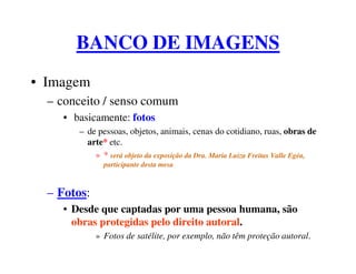 BANCO DE IMAGENS
• Imagem
  – conceito / senso comum
     • basicamente: fotos
        – de pessoas, objetos, animais, cenas do cotidiano, ruas, obras de
          arte* etc.
            » * será objeto da exposição da Dra. Maria Luiza Freitas Valle Egéa,
               participante desta mesa



  – Fotos:
     • Desde que captadas por uma pessoa humana, são
       obras protegidas pelo direito autoral.
             » Fotos de satélite, por exemplo, não têm proteção autoral.
 