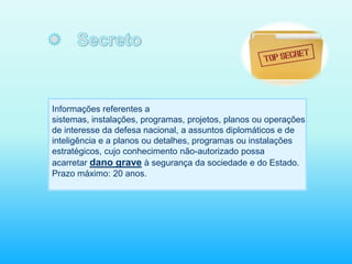 Informações referentes a
sistemas, instalações, programas, projetos, planos ou operações
de interesse da defesa nacional, a assuntos diplomáticos e de
inteligência e a planos ou detalhes, programas ou instalações
estratégicos, cujo conhecimento não-autorizado possa
acarretar dano grave à segurança da sociedade e do Estado.
Prazo máximo: 20 anos.
 