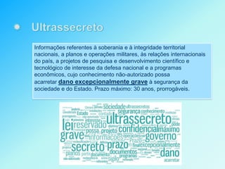 Informações referentes à soberania e à integridade territorial
nacionais, a planos e operações militares, às relações internacionais
do país, a projetos de pesquisa e desenvolvimento científico e
tecnológico de interesse da defesa nacional e a programas
econômicos, cujo conhecimento não-autorizado possa
acarretar dano excepcionalmente grave à segurança da
sociedade e do Estado. Prazo máximo: 30 anos, prorrogáveis.
 